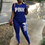 Plus Size 2 Piece Set Women Tracksuit Casual PINK Letter Print Tops Skinny Pants XXXL Sexy Sweat Suits Short Sleeve Tee Shirt