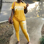 Plus Size 2 Piece Set Women Tracksuit Casual PINK Letter Print Tops Skinny Pants XXXL Sexy Sweat Suits Short Sleeve Tee Shirt