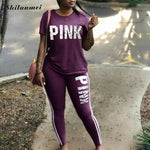 Plus Size 2 Piece Set Women Tracksuit Casual PINK Letter Print Tops Skinny Pants XXXL Sexy Sweat Suits Short Sleeve Tee Shirt