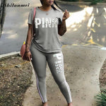 Plus Size 2 Piece Set Women Tracksuit Casual PINK Letter Print Tops Skinny Pants XXXL Sexy Sweat Suits Short Sleeve Tee Shirt