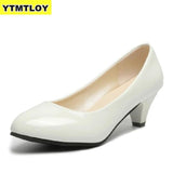 Women's Leather Med Heels New High Quality Shoes Classic Black&White Pumps for Office Ladies White High Heels Red  Sexy Heels