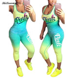 Sexy 2 Pieces Sets Women Sporting Tracksuit Tank Tops+ Pants Plus Size Xxxl Summer Pink Letter Print Sets Cotton Blend T Shirt