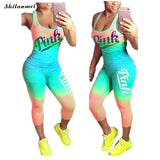 Sexy 2 Pieces Sets Women Sporting Tracksuit Tank Tops+ Pants Plus Size Xxxl Summer Pink Letter Print Sets Cotton Blend T Shirt