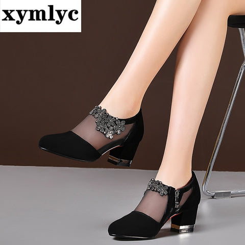 Summer Women High Heel Shoes Mesh Breathable Pumps Zip Pointed Toe Thick Heels Fashion Female Dress Shoes Elegant Footwear