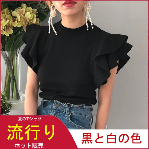 2020 Korean Fashion Clothes Summer Ruffles Short Sleeve Women T Shirt Knitted Tops Tees Ladies White Black Slim Tshirt Elegant