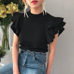 2020 Korean Fashion Clothes Summer Ruffles Short Sleeve Women T Shirt Knitted Tops Tees Ladies White Black Slim Tshirt Elegant