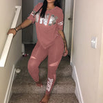 Women Casual 2 Piece Set S-Xxxl Pink Letter Print Sexy Sweatsuit Plus Size Tops+Skinny Pants Sweat Suits Two Piece Tracksuit