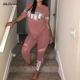 Women Casual 2 Piece Set S-Xxxl Pink Letter Print Sexy Sweatsuit Plus Size Tops+Skinny Pants Sweat Suits Two Piece Tracksuit