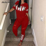 Women Casual 2 Piece Set S-Xxxl Pink Letter Print Sexy Sweatsuit Plus Size Tops+Skinny Pants Sweat Suits Two Piece Tracksuit