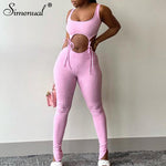 Simenual Bandage Fitness Fashion Women Matching Sets Sleeveless Solid Sporty Workout Two Piece Outfits Skinny Top And Pants Set