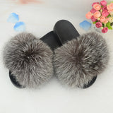 Summer Fluffy Raccoon Fur Slippers Shoes Women Real Fox Fur Flip Flop Flat Furry Fur Slides Outdoor Sandals Woman Amazing Shoes