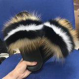 Summer Fluffy Raccoon Fur Slippers Shoes Women Real Fox Fur Flip Flop Flat Furry Fur Slides Outdoor Sandals Woman Amazing Shoes