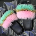 Summer Fluffy Raccoon Fur Slippers Shoes Women Real Fox Fur Flip Flop Flat Furry Fur Slides Outdoor Sandals Woman Amazing Shoes