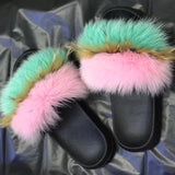 Summer Fluffy Raccoon Fur Slippers Shoes Women Real Fox Fur Flip Flop Flat Furry Fur Slides Outdoor Sandals Woman Amazing Shoes