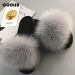 Summer Fluffy Raccoon Fur Slippers Shoes Women Real Fox Fur Flip Flop Flat Furry Fur Slides Outdoor Sandals Woman Amazing Shoes