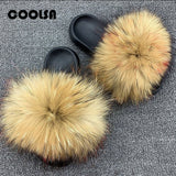 Summer Fluffy Raccoon Fur Slippers Shoes Women Real Fox Fur Flip Flop Flat Furry Fur Slides Outdoor Sandals Woman Amazing Shoes