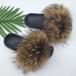 Summer Fluffy Raccoon Fur Slippers Shoes Women Real Fox Fur Flip Flop Flat Furry Fur Slides Outdoor Sandals Woman Amazing Shoes