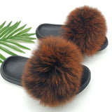 Summer Fluffy Raccoon Fur Slippers Shoes Women Real Fox Fur Flip Flop Flat Furry Fur Slides Outdoor Sandals Woman Amazing Shoes