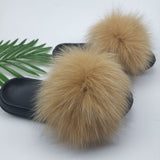 Summer Fluffy Raccoon Fur Slippers Shoes Women Real Fox Fur Flip Flop Flat Furry Fur Slides Outdoor Sandals Woman Amazing Shoes