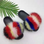 Summer Fluffy Raccoon Fur Slippers Shoes Women Real Fox Fur Flip Flop Flat Furry Fur Slides Outdoor Sandals Woman Amazing Shoes