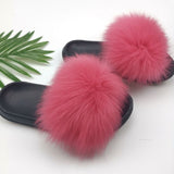 Summer Fluffy Raccoon Fur Slippers Shoes Women Real Fox Fur Flip Flop Flat Furry Fur Slides Outdoor Sandals Woman Amazing Shoes