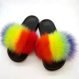 Summer Fluffy Raccoon Fur Slippers Shoes Women Real Fox Fur Flip Flop Flat Furry Fur Slides Outdoor Sandals Woman Amazing Shoes