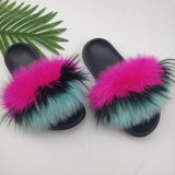 Summer Fluffy Raccoon Fur Slippers Shoes Women Real Fox Fur Flip Flop Flat Furry Fur Slides Outdoor Sandals Woman Amazing Shoes