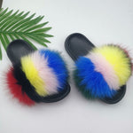 Summer Fluffy Raccoon Fur Slippers Shoes Women Real Fox Fur Flip Flop Flat Furry Fur Slides Outdoor Sandals Woman Amazing Shoes