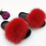 Summer Fluffy Raccoon Fur Slippers Shoes Women Real Fox Fur Flip Flop Flat Furry Fur Slides Outdoor Sandals Woman Amazing Shoes