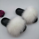 Summer Fluffy Raccoon Fur Slippers Shoes Women Real Fox Fur Flip Flop Flat Furry Fur Slides Outdoor Sandals Woman Amazing Shoes