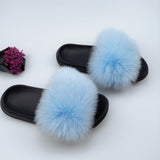 Summer Fluffy Raccoon Fur Slippers Shoes Women Real Fox Fur Flip Flop Flat Furry Fur Slides Outdoor Sandals Woman Amazing Shoes