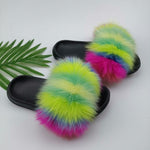 Summer Fluffy Raccoon Fur Slippers Shoes Women Real Fox Fur Flip Flop Flat Furry Fur Slides Outdoor Sandals Woman Amazing Shoes