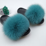 Summer Fluffy Raccoon Fur Slippers Shoes Women Real Fox Fur Flip Flop Flat Furry Fur Slides Outdoor Sandals Woman Amazing Shoes