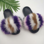 Summer Fluffy Raccoon Fur Slippers Shoes Women Real Fox Fur Flip Flop Flat Furry Fur Slides Outdoor Sandals Woman Amazing Shoes