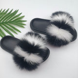 Summer Fluffy Raccoon Fur Slippers Shoes Women Real Fox Fur Flip Flop Flat Furry Fur Slides Outdoor Sandals Woman Amazing Shoes