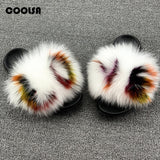 Summer Fluffy Raccoon Fur Slippers Shoes Women Real Fox Fur Flip Flop Flat Furry Fur Slides Outdoor Sandals Woman Amazing Shoes