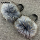 Summer Fluffy Raccoon Fur Slippers Shoes Women Real Fox Fur Flip Flop Flat Furry Fur Slides Outdoor Sandals Woman Amazing Shoes