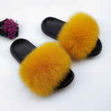 Summer Fluffy Raccoon Fur Slippers Shoes Women Real Fox Fur Flip Flop Flat Furry Fur Slides Outdoor Sandals Woman Amazing Shoes