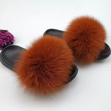 Summer Fluffy Raccoon Fur Slippers Shoes Women Real Fox Fur Flip Flop Flat Furry Fur Slides Outdoor Sandals Woman Amazing Shoes