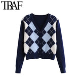 TRAF Women Cardigan Vintage Stylish Geometric Pattern Short Knitted Sweater Fashion Long Sleeve England Style Outerwear Chaqueta