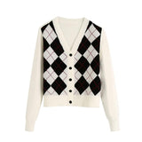 TRAF Women Cardigan Vintage Stylish Geometric Pattern Short Knitted Sweater Fashion Long Sleeve England Style Outerwear Chaqueta