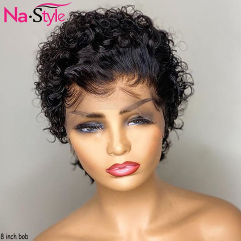 Pixie Cut Wig For Women Pixie Wig Human Hair Pre Plucked Bleached Knots Short Water Wave Bob 13x4 Lace Font Wig 130% Remy