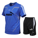 Brand men's sportswear suit short-sleeved sports shirt male running 2 piece suit football gym fitness man T-shirt + shorts set