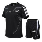 Brand men's sportswear suit short-sleeved sports shirt male running 2 piece suit football gym fitness man T-shirt + shorts set