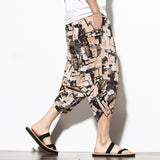 Summer Cotton Harem Pants Men Casual Hip Hop Trousers Drawstring Cross Bloomers Calf-Length Pants Joggers Streetwear